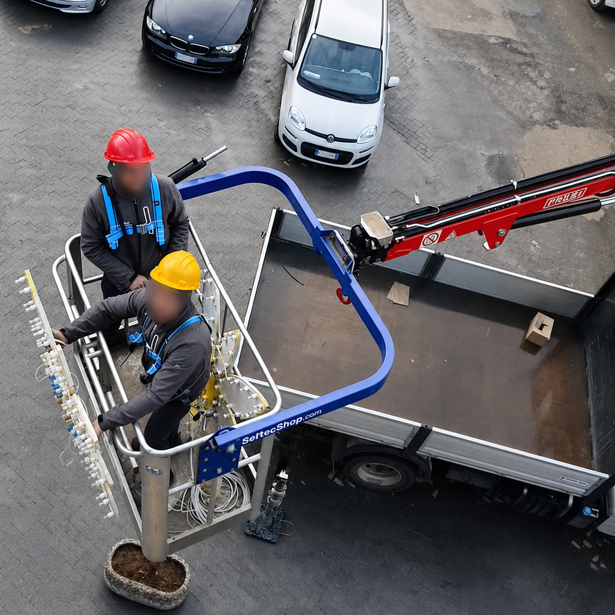 Installation of lighting fixtures using the two-seater basket