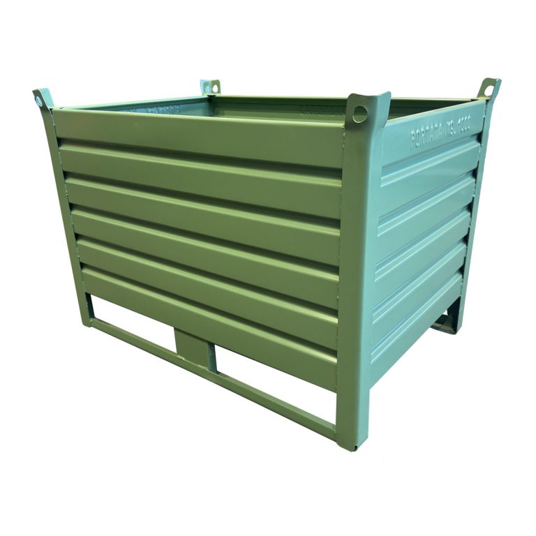 Sheet metal container for construction sites and workshops, forklift container with hooks